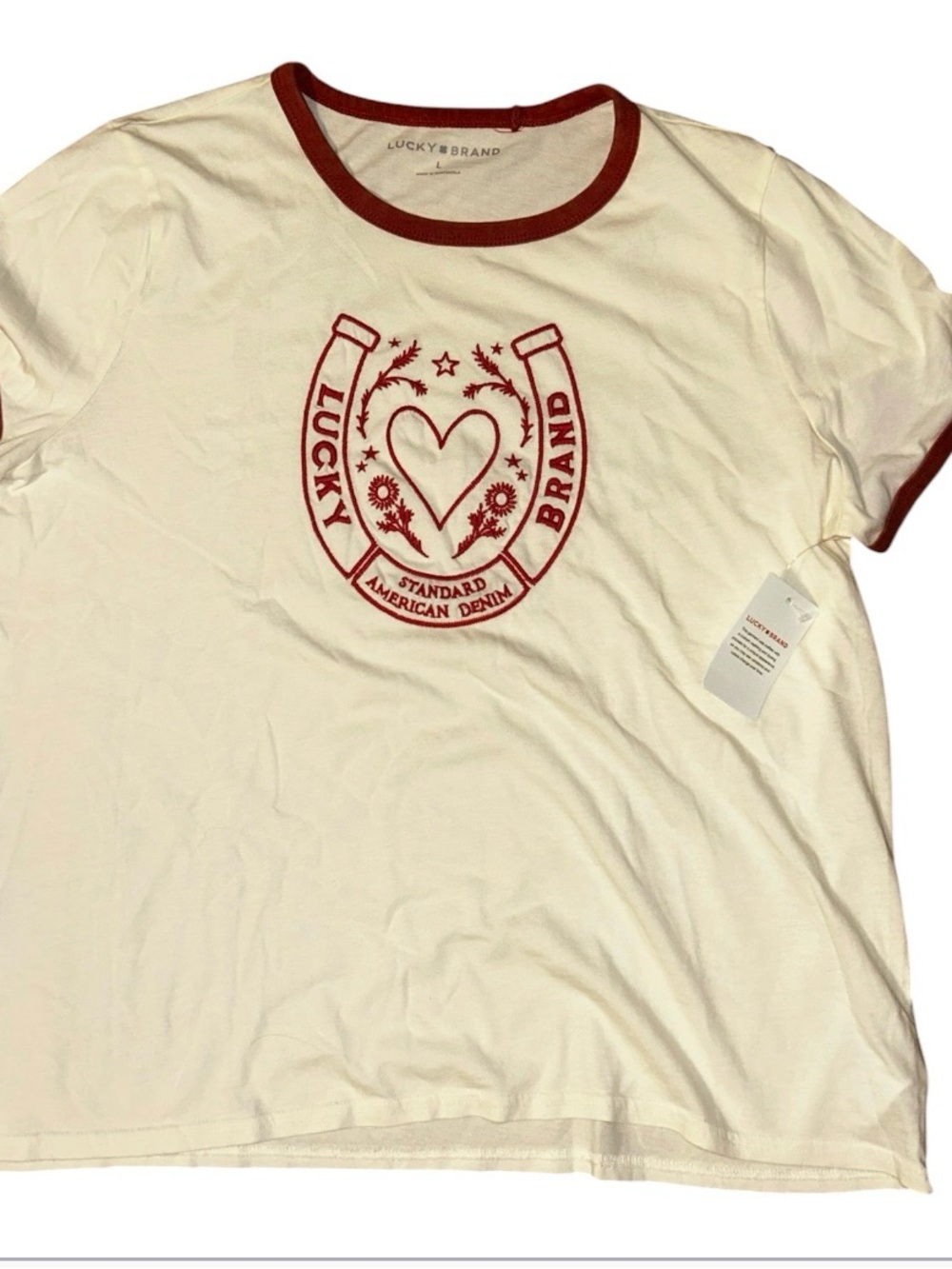 Lucky Brand Tee with Red Trim and Horseshoe Heart Graphic